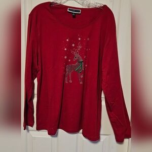 Karen Scott Red Long Sleeve Top with Reindeer Design